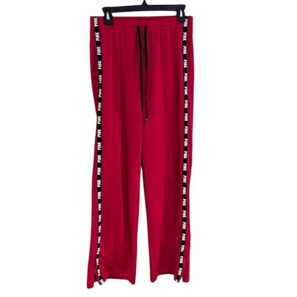 Victoria's Secret PINK High Waist Wide Leg Track Pants w/Side Logo Red Sz Medium - Picture 1 of 12